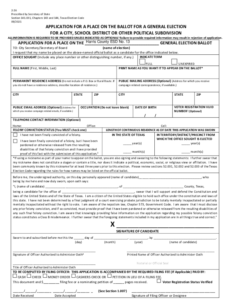 Application for a Place on the Ballot for a General Election for a City, School District or Other Political Subdivision  Form