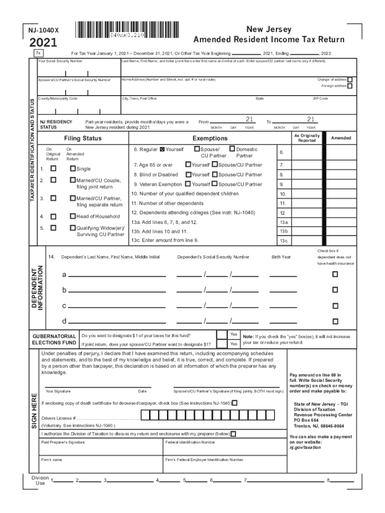  Www Disabilityombudsman Nj Govcurrent1040x2020 New Jersey Amended Resident Income Tax Return, Form NJ 1040X 2021