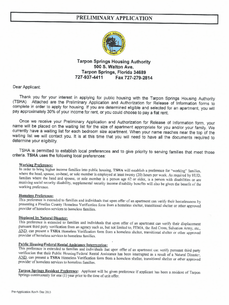  Preliminary Application Tarpon Springs Housing Authority 2015-2024