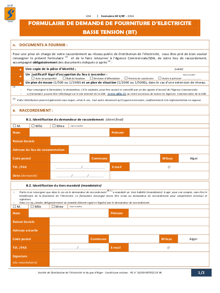 FORMULAIRE DE DEMANDE DE FOURNITURE DELECTRICITE BASSE