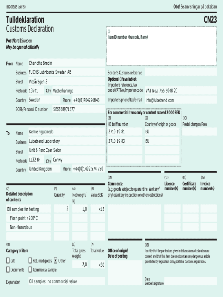 Obs! Tulldeklaration CN23 Customs Declaration  Form