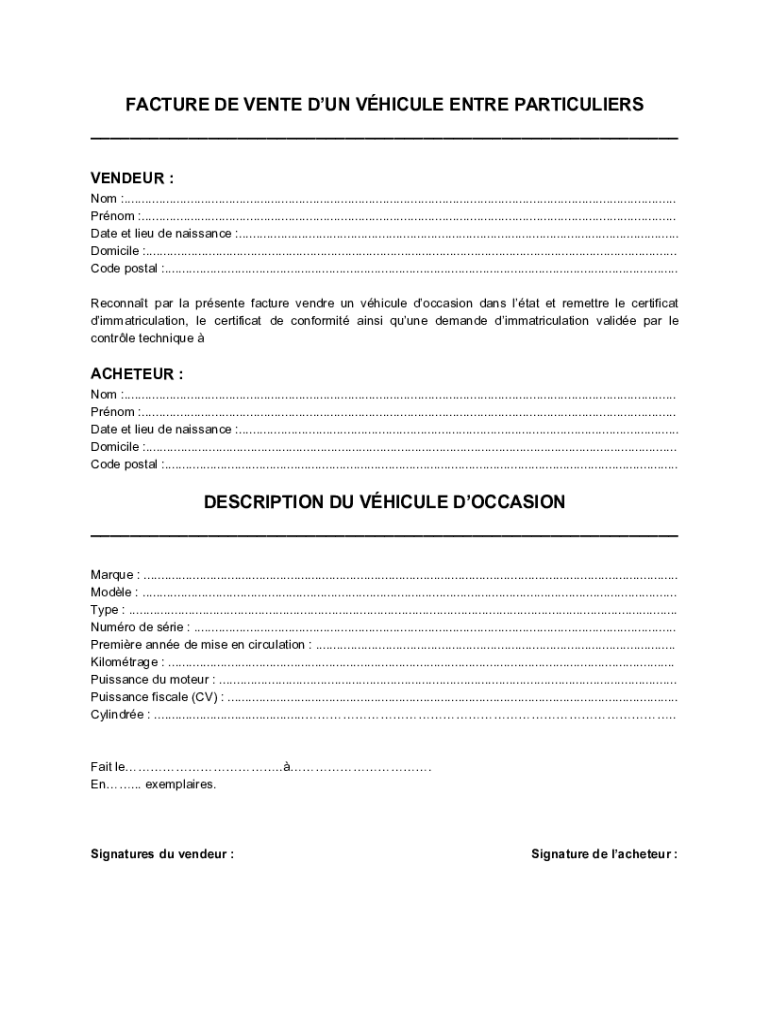 Facture De Vente D Un V Hicule Entre Particuliers  Form