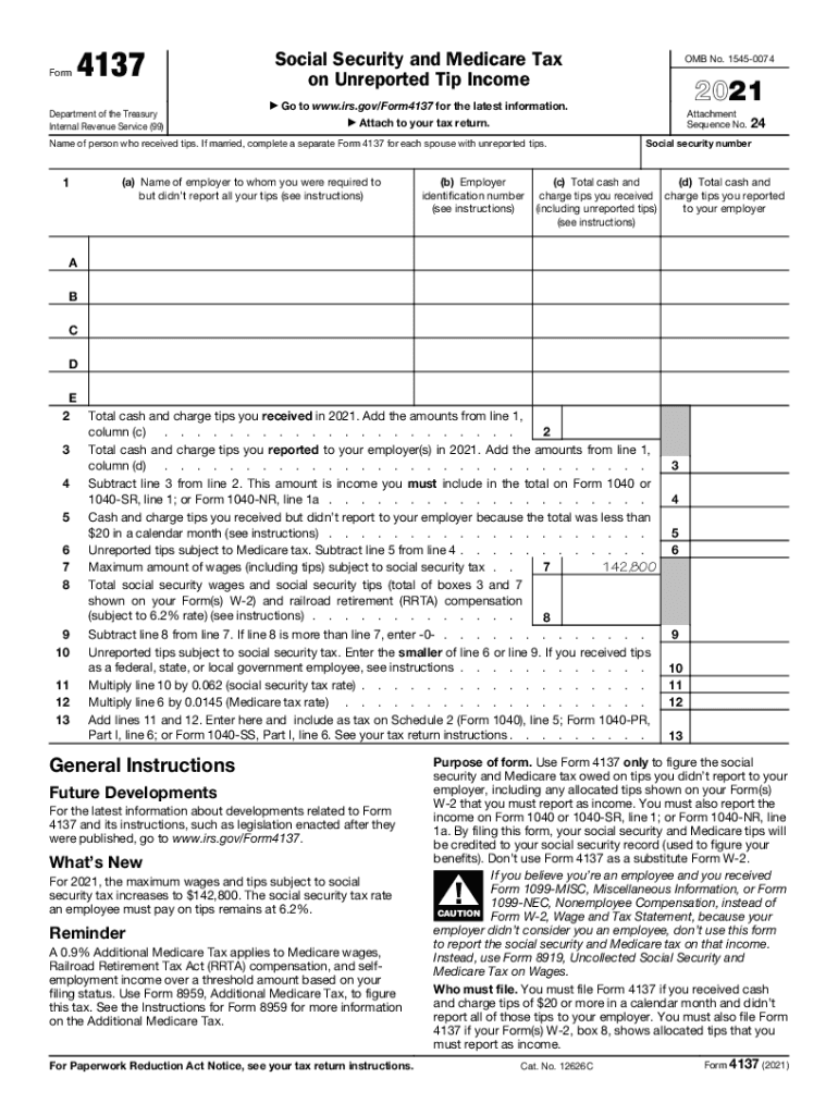  F4137 PDF Form 4137 Department of the Treasury Internal 2021