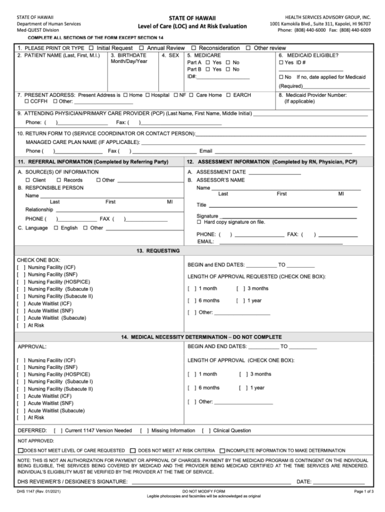 DHS 1147 Level of Care and at Risk Evaluation Form