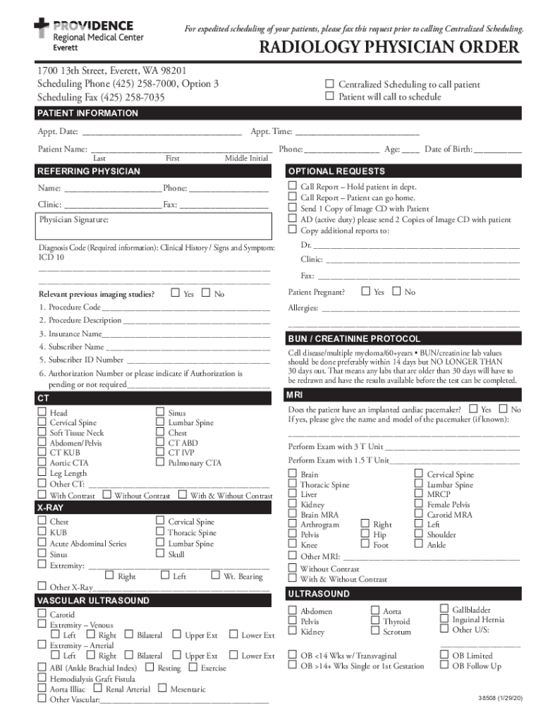 Radiology Physician Order  Form