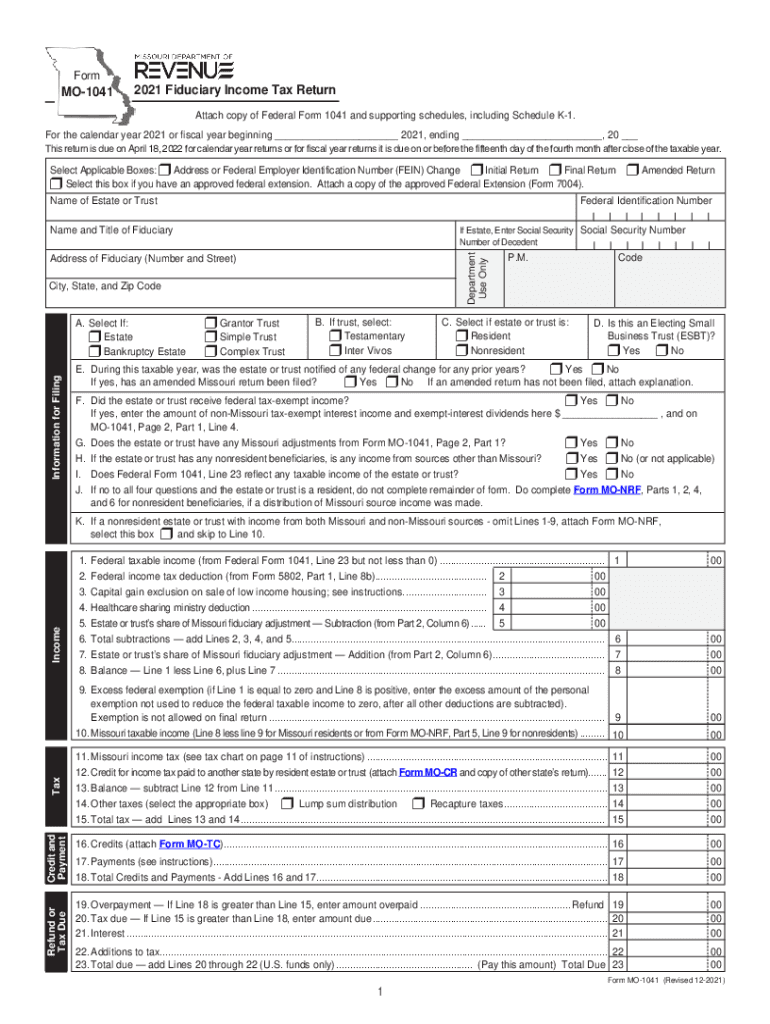 MO 1041 Fiduciary Income Tax Return  Form