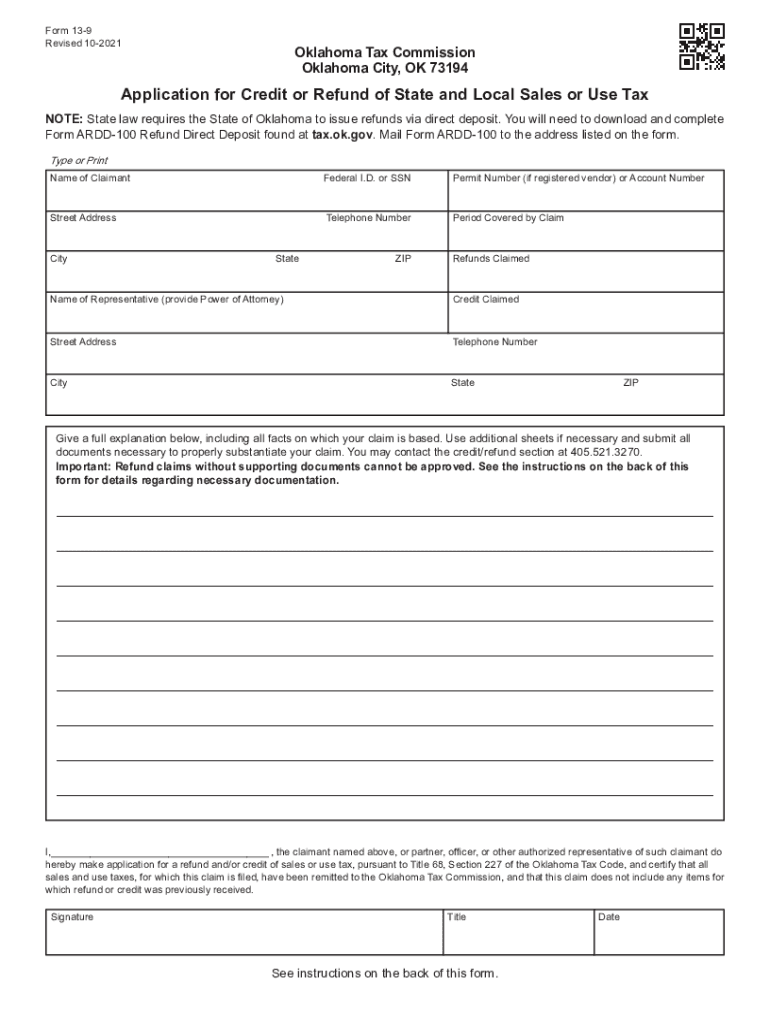  Form 13 9 Application for Credit or Refund of State and Local Sales or Use Tax 2021