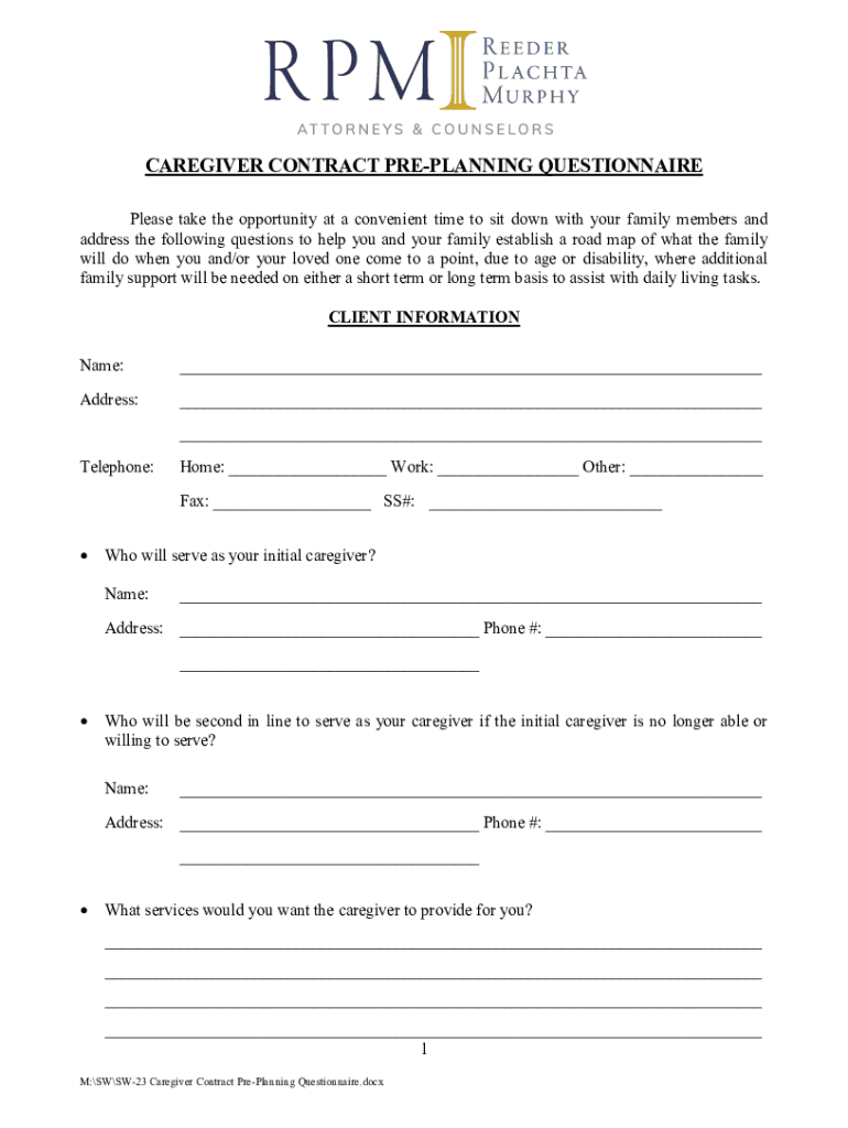 PDF CAREGIVER CONTRACT PRE PLANNING QUESTIONNAIRE  Form