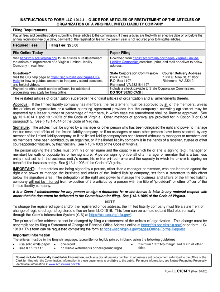 INSTRUCTIONS to FORM LLC 1014 1 GUIDE for ARTICLES of