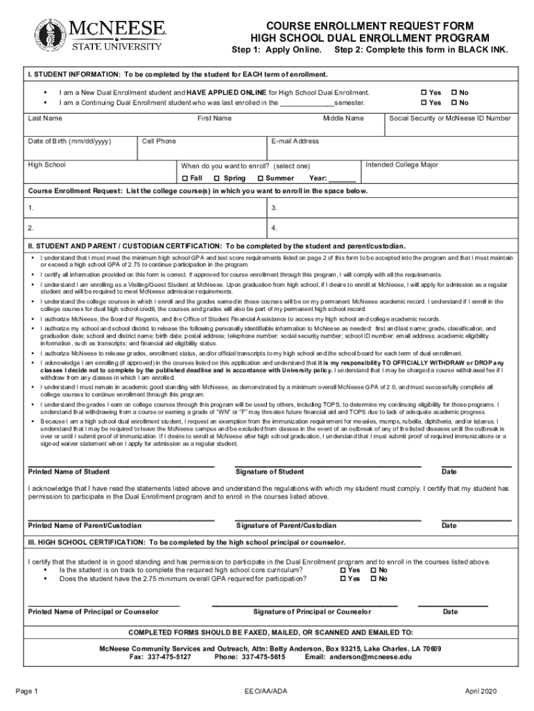  COURSE ENROLLMENT REQUEST FORM HIGH SCHOOL DUAL ENROLLME 2020-2024