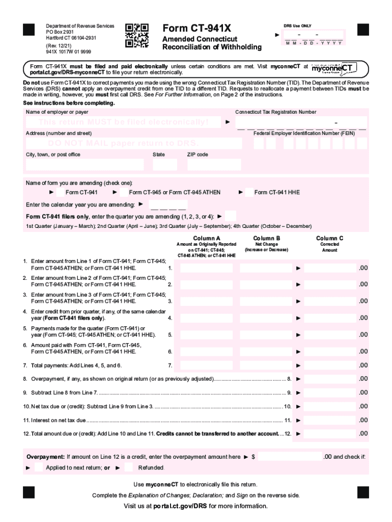  Portal Ct Gov MediaDepartment of Revenue Services Form CT 941X DRS Use ONLY 2021-2024