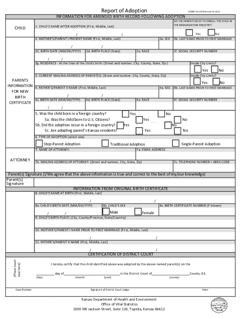  Report of Adoption FORM VS 220 Revised 10 Kdhe Ks Gov 2021-2024