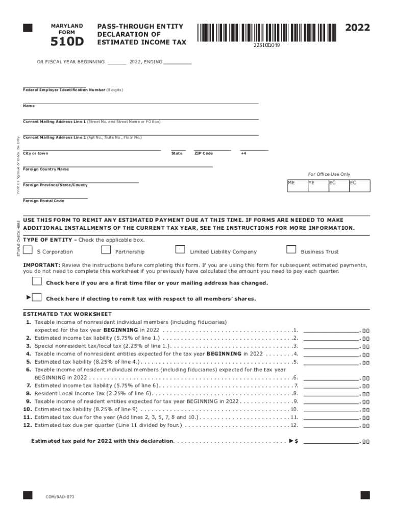  Fillable Online 510D PASS through ENTITY FORM MARYLAND 2022