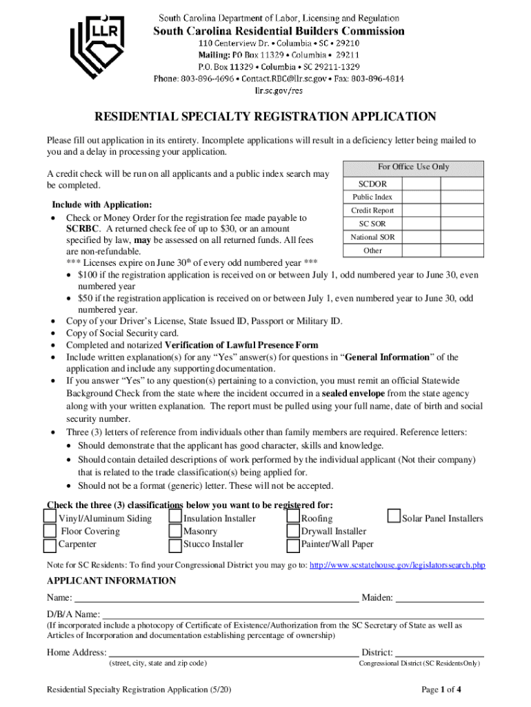 Residential Specialty License Reinstatement Application  Form