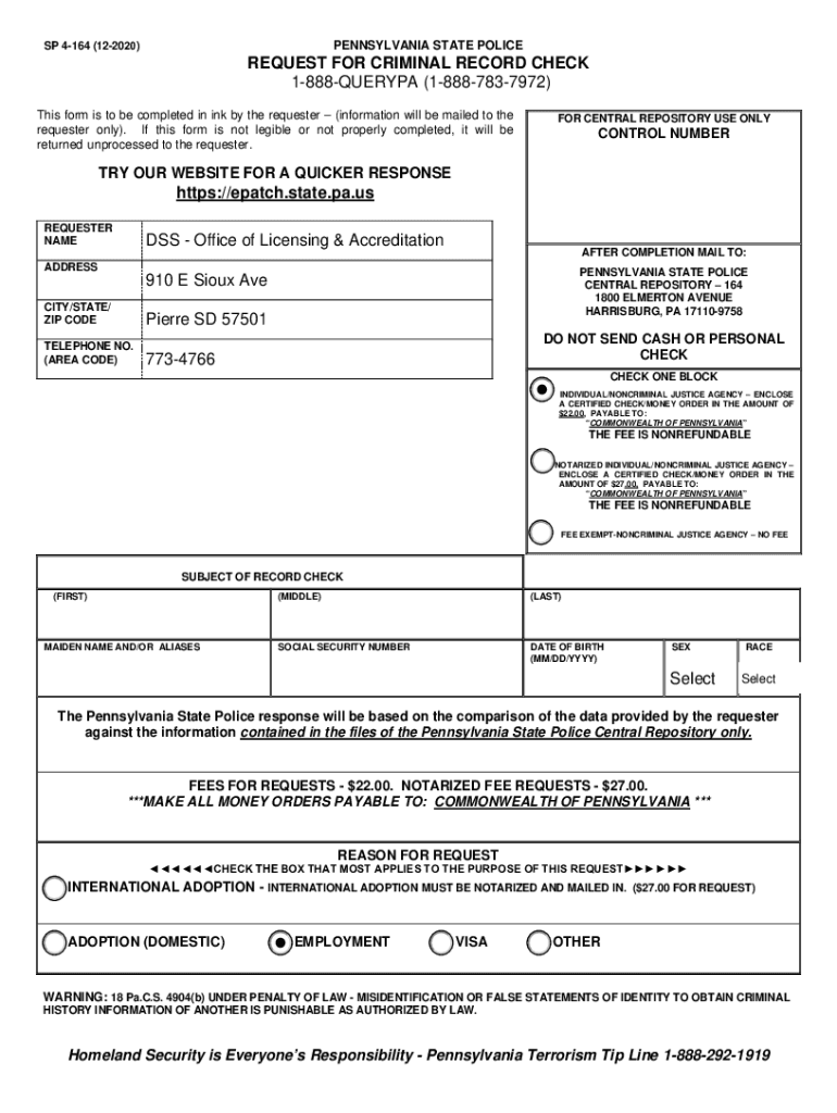  SP 4 164 06 05PENNSYLVANIA STATE POLICE Fill and Sign 2020-2024