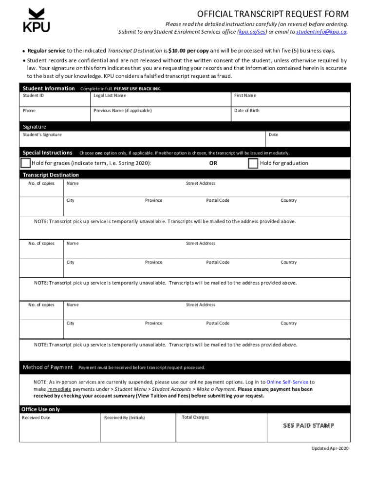 Kpu Transcript Request  Form