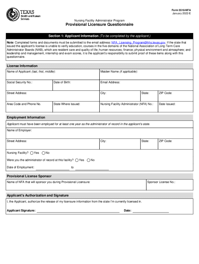  Form 5518 NFA, Provisional Licensure Questionnaire Form 5518 NFA, Provisional Licensure Questionnaire 2022-2024