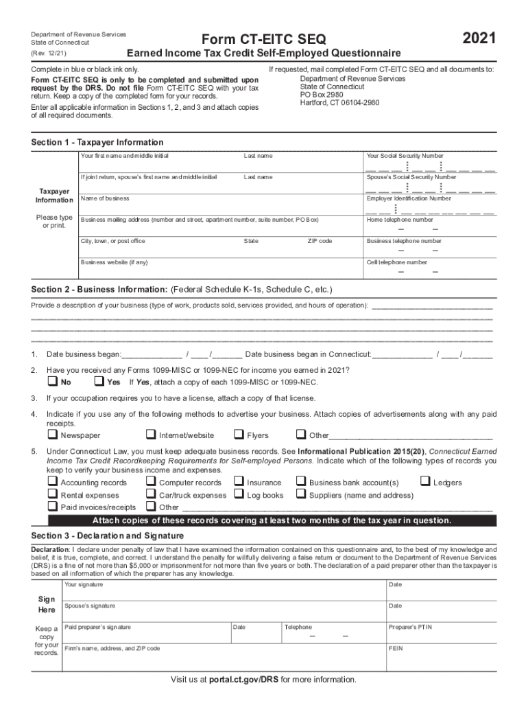  CT DRS CT EITC SEQ Fill Out Tax Template 2021