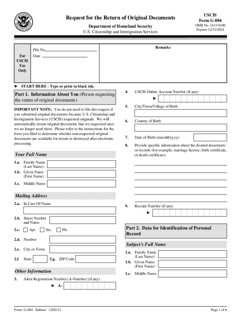  Form G 884, Request for the Return of Original Documents 2021-2024