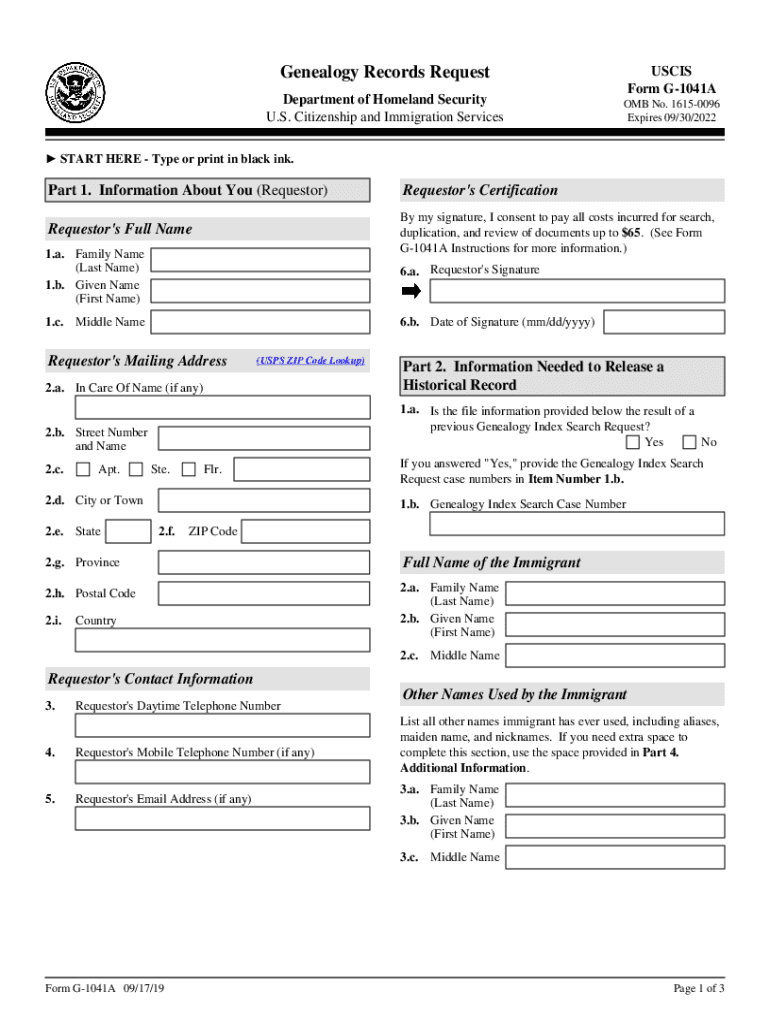 Fillable Online Form G 1041A, Genealogy Records Request