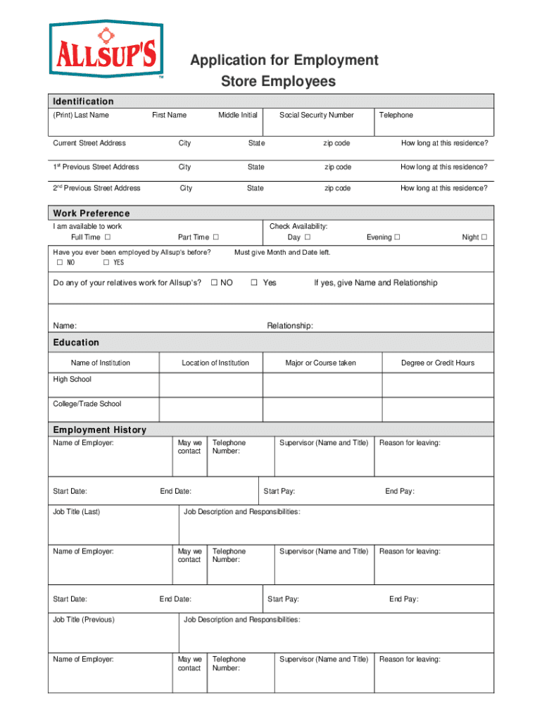  Application for Employment Store Employees Allsup's 2018-2024