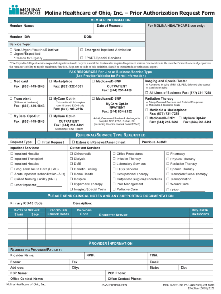 Molina Healthcare of Ohio, Inc Prior Authorization Request Form Prior Authorization Request Form