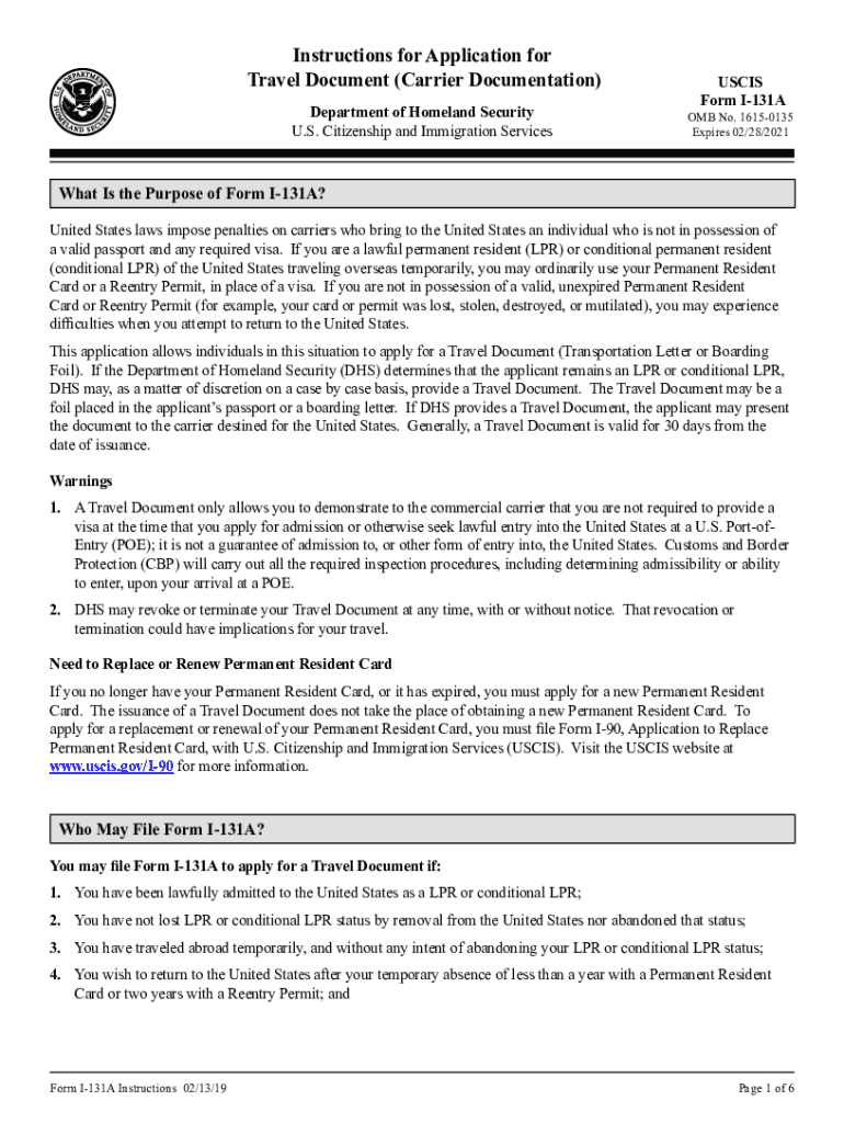 PDF Instructions for Application for Travel Document Carrier USCIS  Form