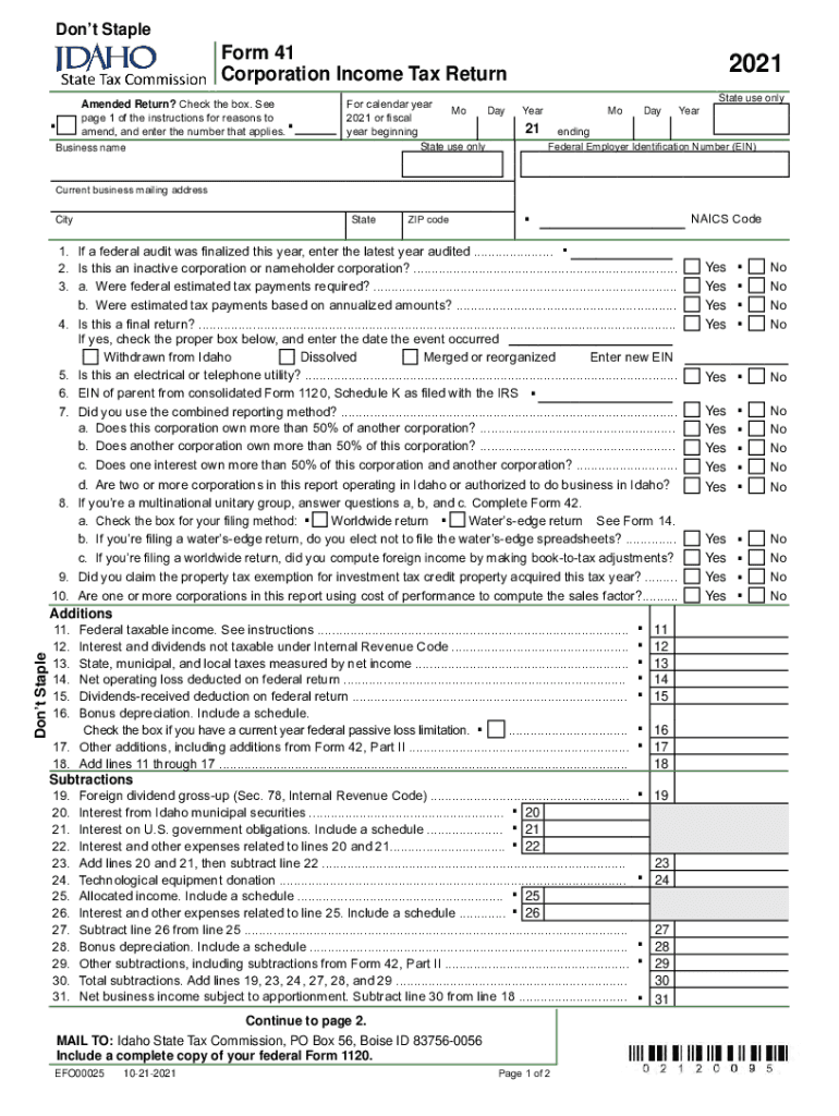  Form 41, Corporation Income Tax Return and Tax Idaho Gov 2021
