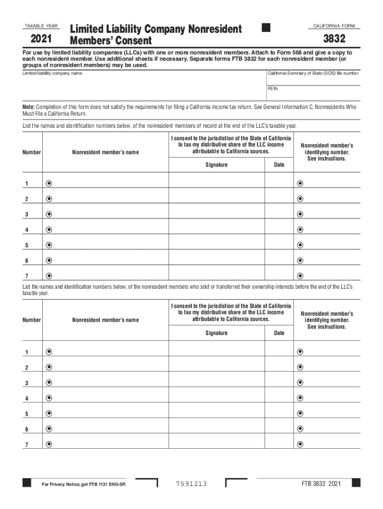  Form 3832 Limited Liability Company Nonresident Members Consent California Form 3832 Limited Liability Company Nonresident Membe 2021