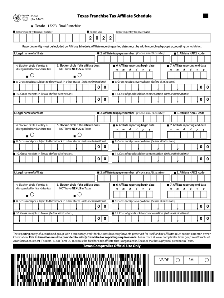  05 166 Texas Franchise Tax Affiliate Schedule for Final Report 05 166 Texas Franchise Tax Affiliate Schedule for Final Report 2022-2024