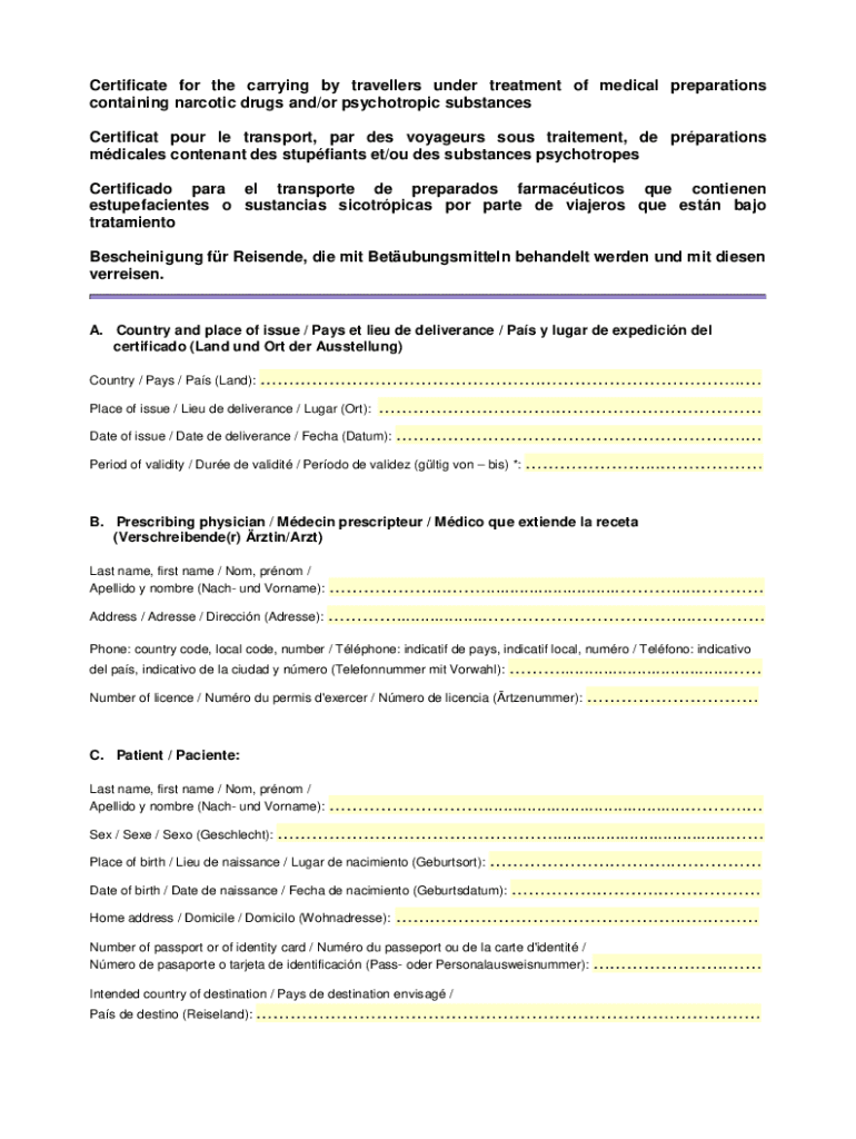 Medical Travel Certificate for Narcotic Drugs  Form