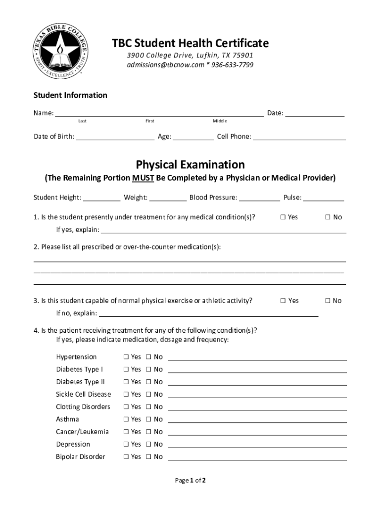 TBC Student Health Certificate Physical Examination TEXAS  Form