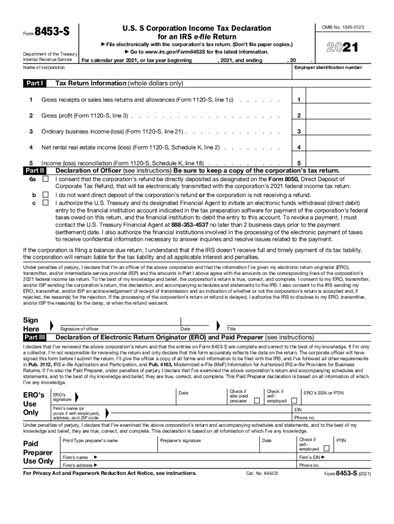  8453 S US S Corporation Income Tax Declararion for an IRS 2021-2024