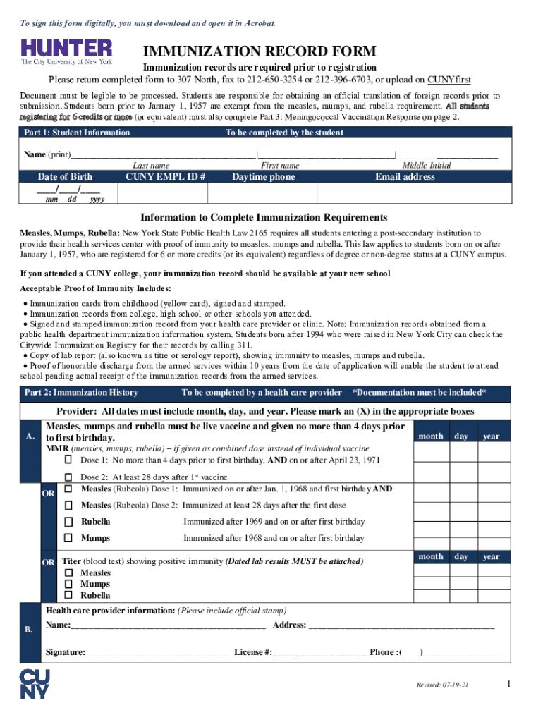 Immunization Record Form Required Form for All Hunter Students that Documents Vaccinations