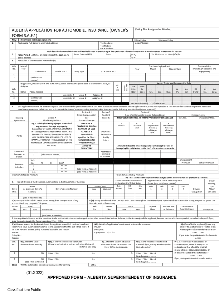 Application for Automobile Insurance Garage Form S P F