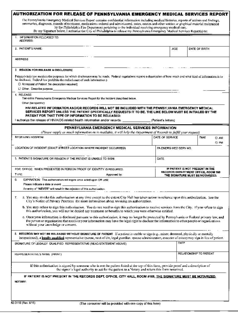 AUTHORIZATION for RELEASE of PENNSYLVANIA EMERGENC  Form