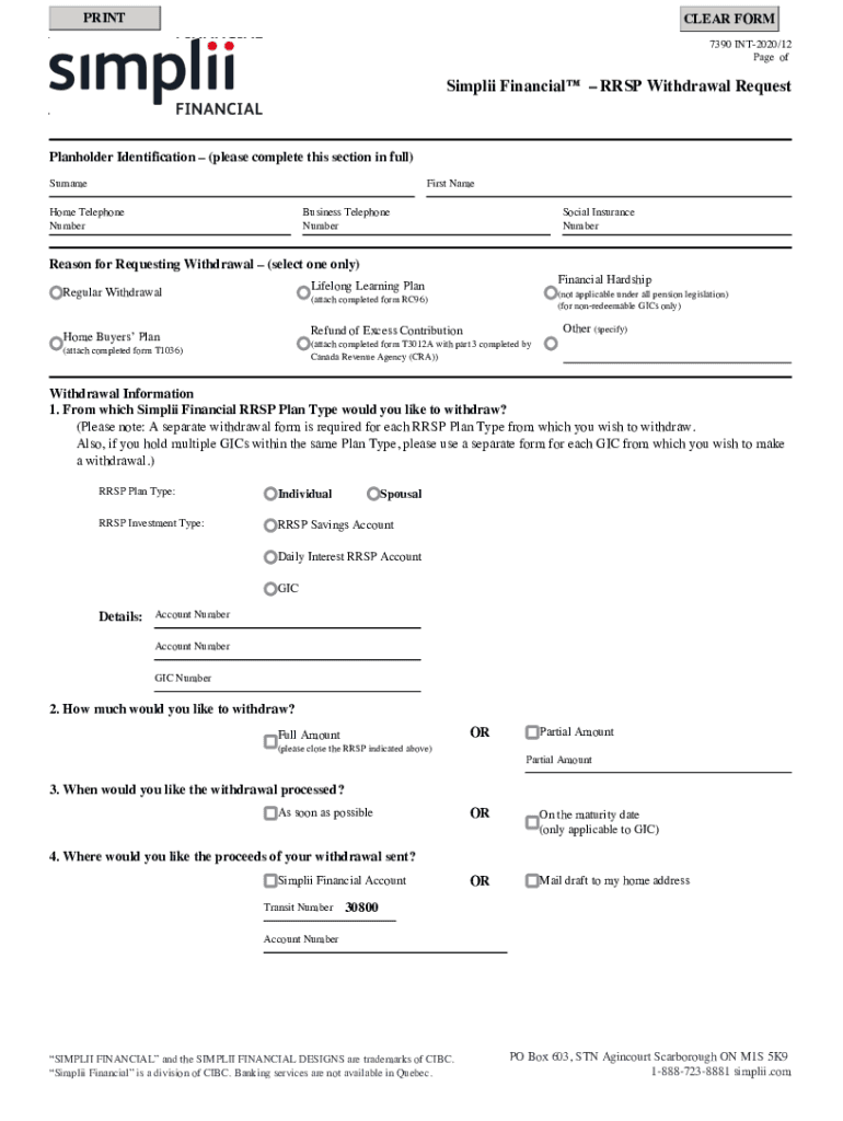  RRSP Withdrawal Request Simplii FinancialTM 2020-2024