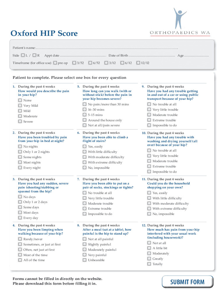 Oxford Hip Score Calculator  Form