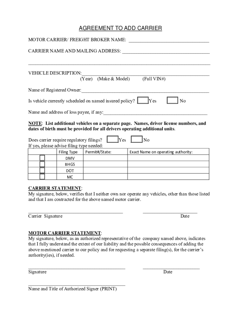 AGREEMENT to ADD CARRIER  Form