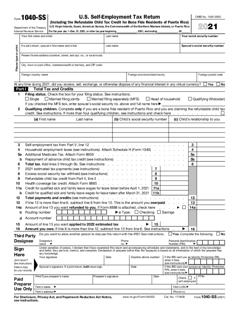  Form 1040 SS, U S Self Employment Tax Return Including 2021