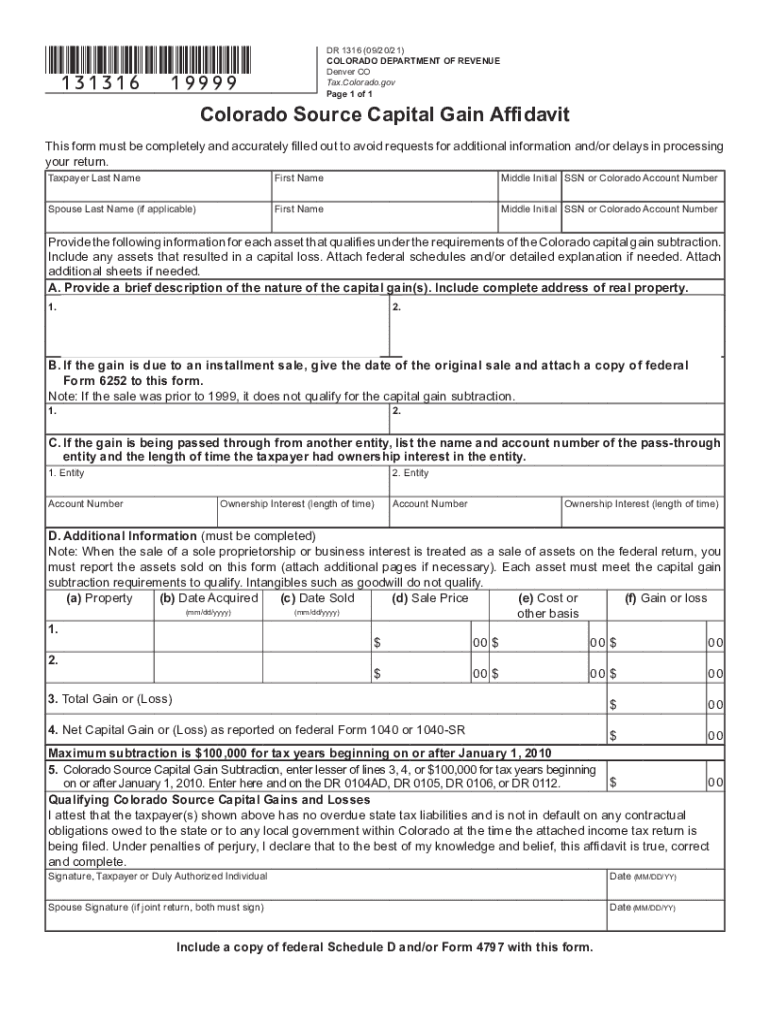  Tax Colorado Gov Sites TaxColorado Source Capital Gain Affidavit DR 1316 2021