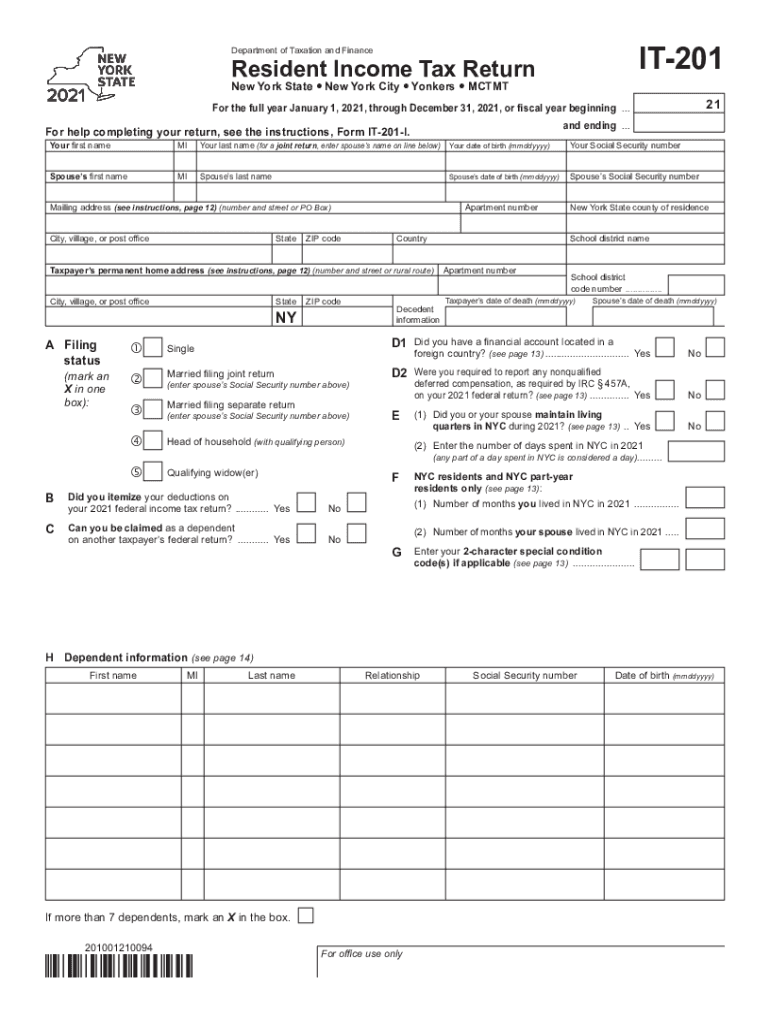  Printable New York Form it 201 Individual Income Tax Department of Taxation and FinanceNew York Form it 201 Individual Income Ta 2021