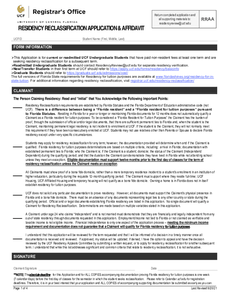  RESIDENCY RECLASSIFICATION APPLICATION &amp;amp; AFFIDAVIT 2021-2024