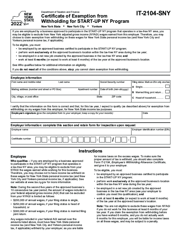  Form it 2104 SNY Certificate of Exemption from Withholding for START UP NY Program Tax Year 2022-2024