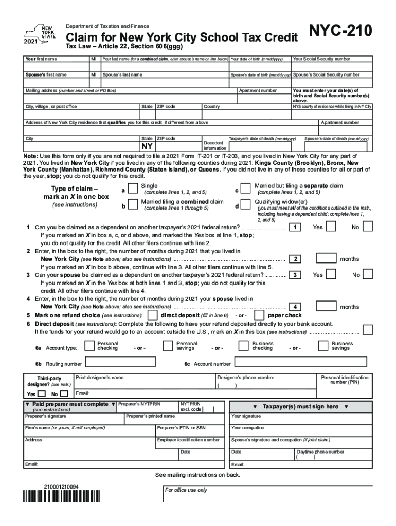 Nyc 210 School Tax Credit 20212024 Form Fill Out and Sign Printable