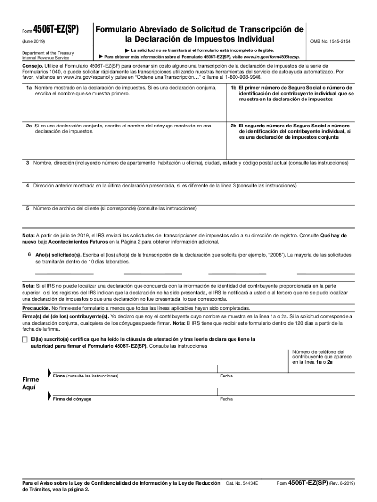 Form 4506T EZSP Rev 6 Short Form Request for Individual Tax Return Transcript Spanish Version
