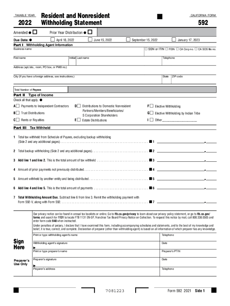  Form 592 Resident and Nonresident Withholding Statement , Form 592, Resident and Nonresident Withholding Statement 2022