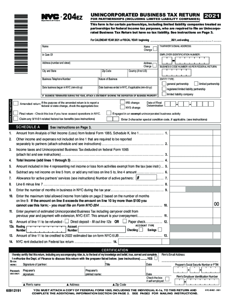 Form Nyc 204ez Unincorporated Business Tax Return for