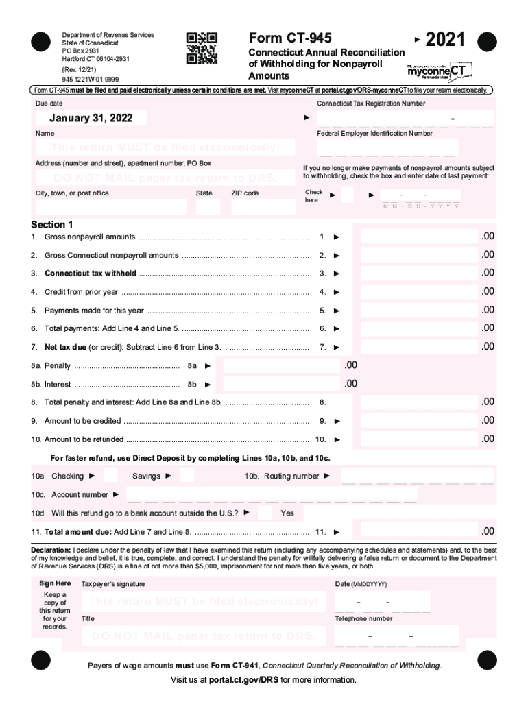  Form CT 945, Connecticut Annual Reconciliation of 2021