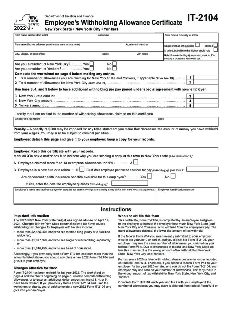  NY DTF it 2104 Fill Out Tax Template Online 2022-2024